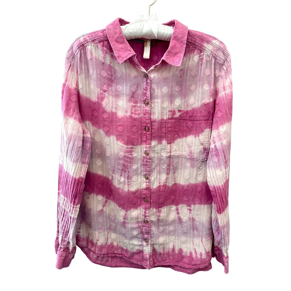 ANTHROPOLOGIE Pilcro Pink Tie Dye Button Down Shirt Boho Festival Cotton Large